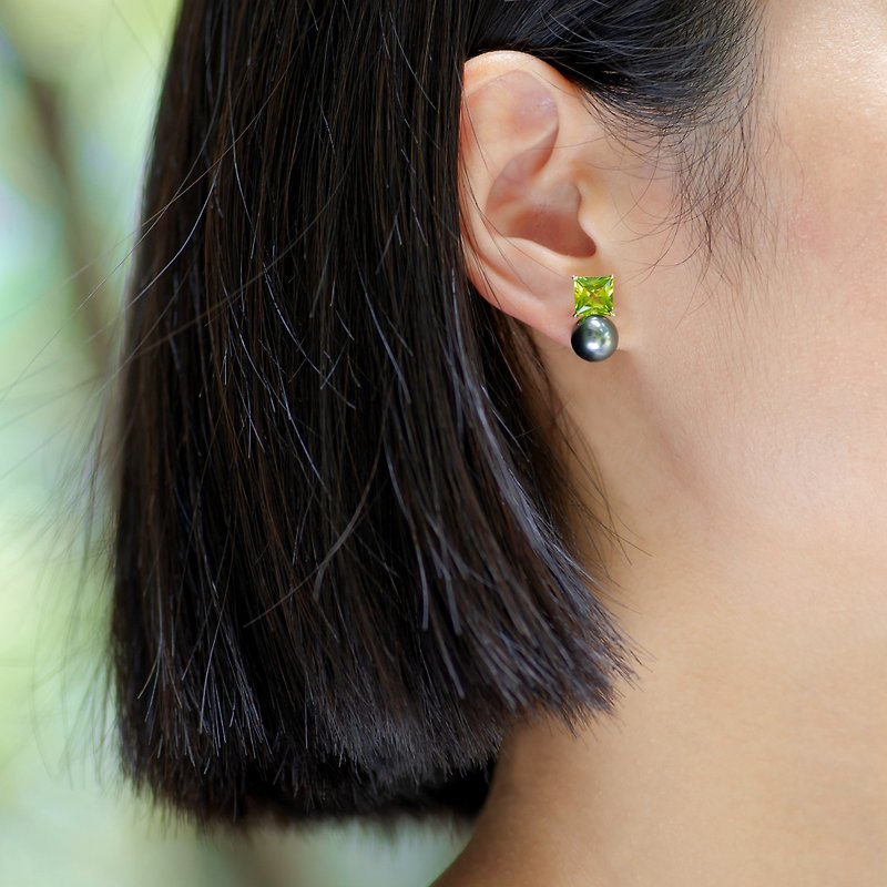 天然橄榄石南洋海水珍珠18K耳环 彩色宝石珍珠耳钉 定制化珠宝