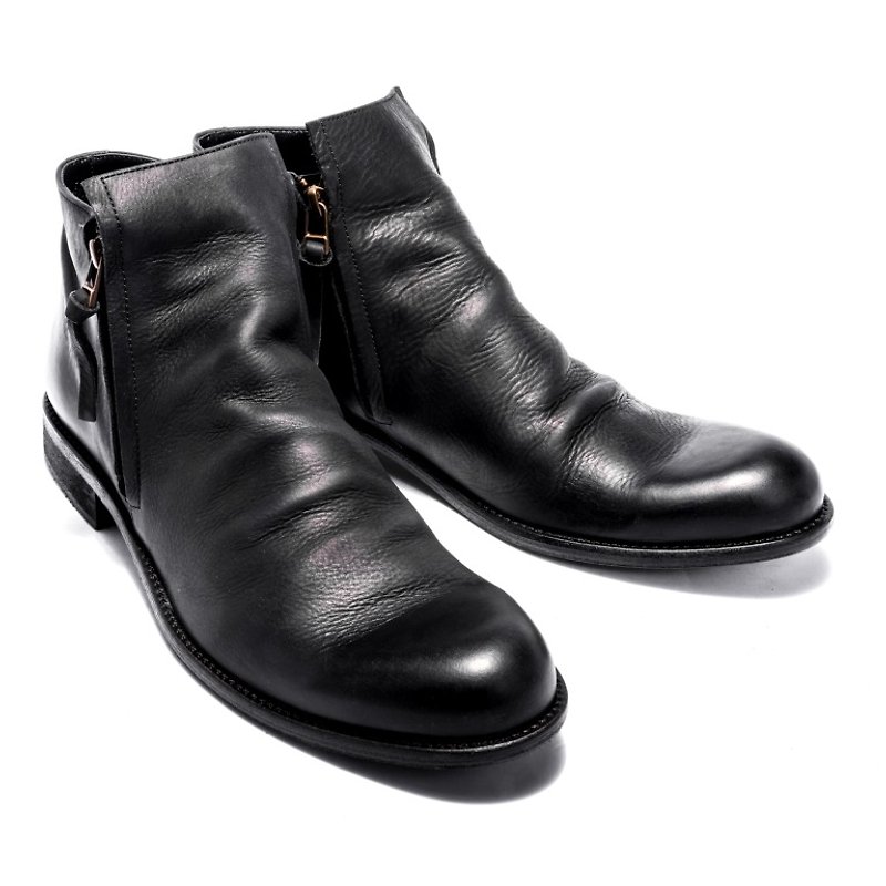 ARGIS 雅痞双拉练款造型皮靴 #12112黑 -日本手工制 - 男款皮鞋 - 真皮 黑色