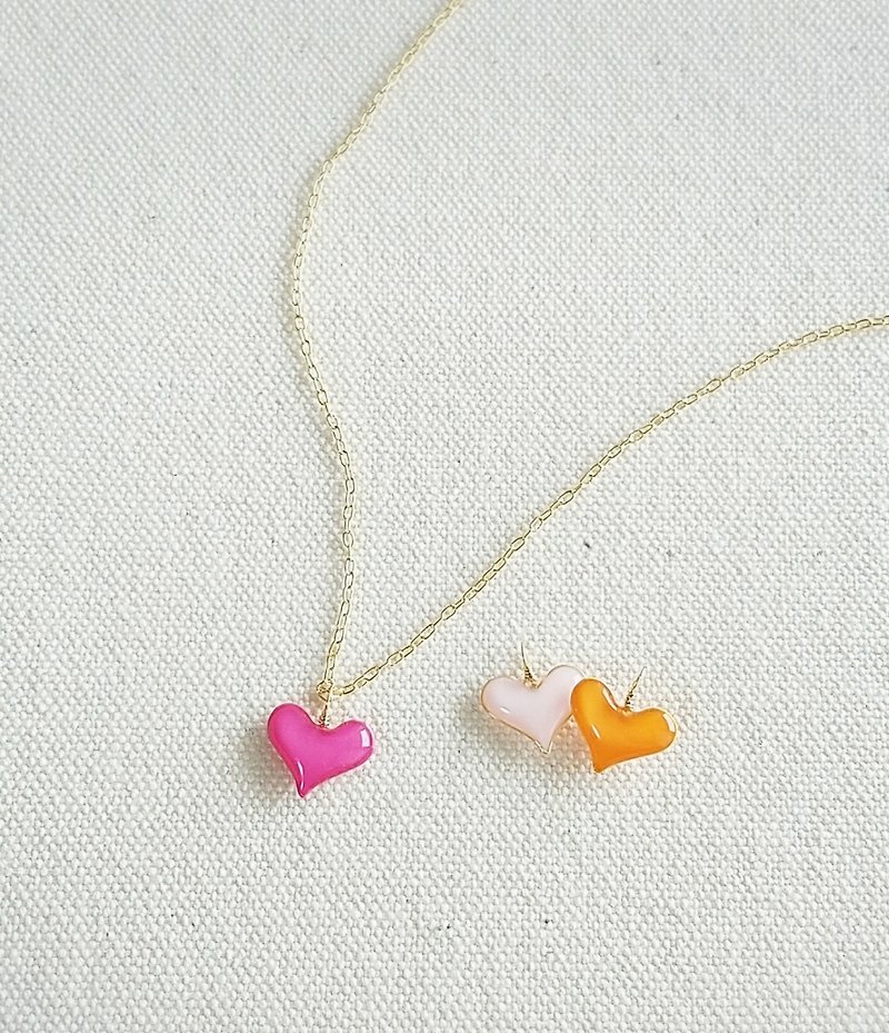 mini heart necklace コロンとしたパステルカラーのハートネックレス・ピンク系 - 项链 - 树脂 粉红色