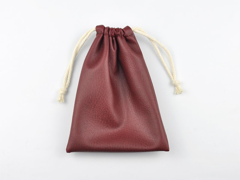 柔软PU皮革束口袋 防水抽绳小袋 酒红色 - 化妆包/杂物包 - 人造皮革 红色