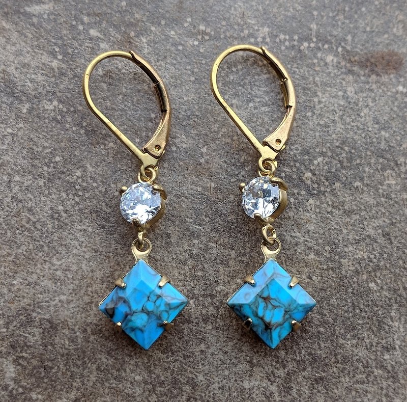 蓝纹玻璃锆石黄铜耳环 - 耳环/耳夹 - 玻璃 蓝色
