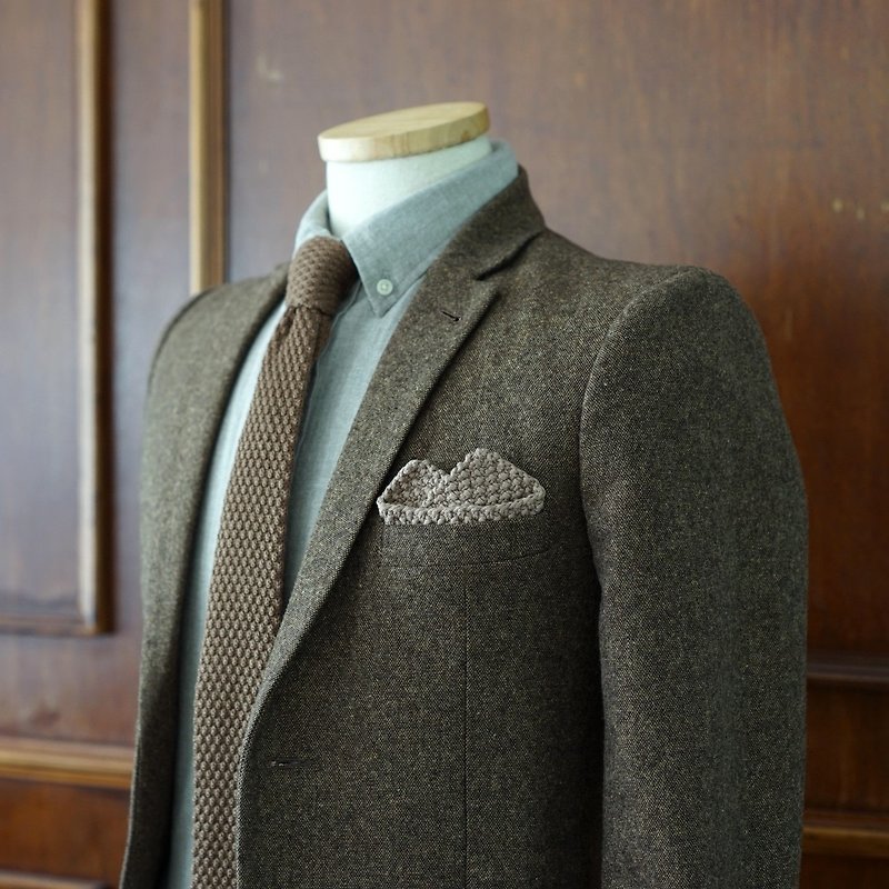 Brown Knitted Wool Tie with pocket square (no Crafted box) - 领带/领带夹 - 其他材质 咖啡色