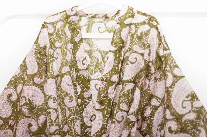 木刻印纯棉长袖外套 印度纯棉长罩衫 blockprint木刻印罩衫-花朵 - 女装休闲/机能外套 - 棉．麻 绿色