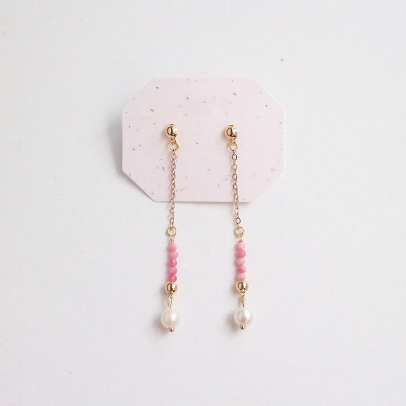 18kgf包金链  粉色天然石日本棉花珍珠子极简约百搭串珠垂坠耳环 - 耳环/耳夹 - 石头 粉红色