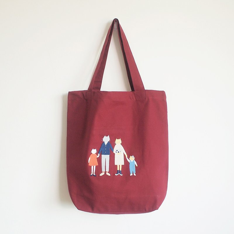 cat family tote bag : red - 侧背包/斜挎包 - 棉．麻 红色