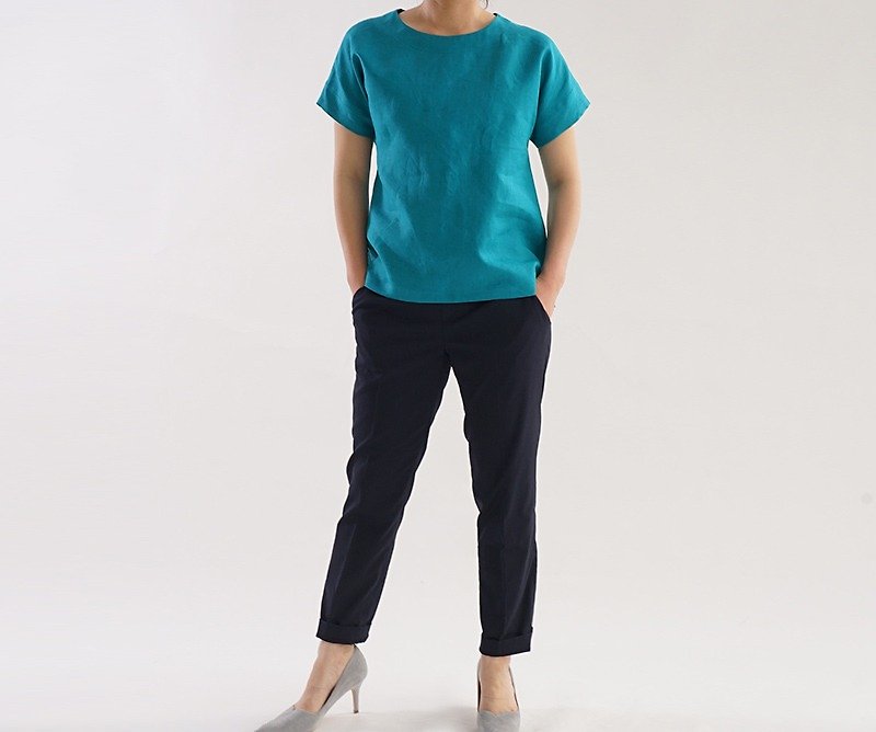 ベルギーリネン ドロップショルダー Tシャツ/ピーコックブルー t1-54 - 女装上衣 - 棉．麻 蓝色