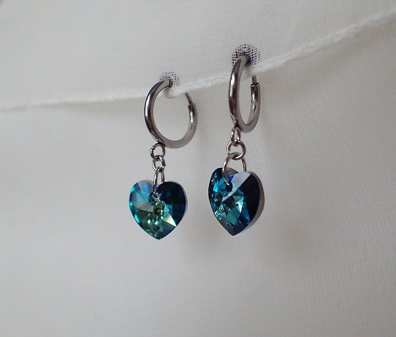 爱心, 施华洛世奇元素 & 不锈钢 耳圈夹 耳环 (一对) - 耳环/耳夹 - 玻璃 蓝色