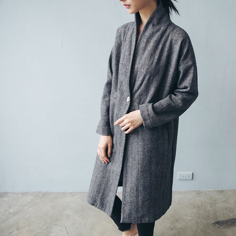 单扣长版大衣 - 人字毛料 - 女装休闲/机能外套 - 羊毛 灰色
