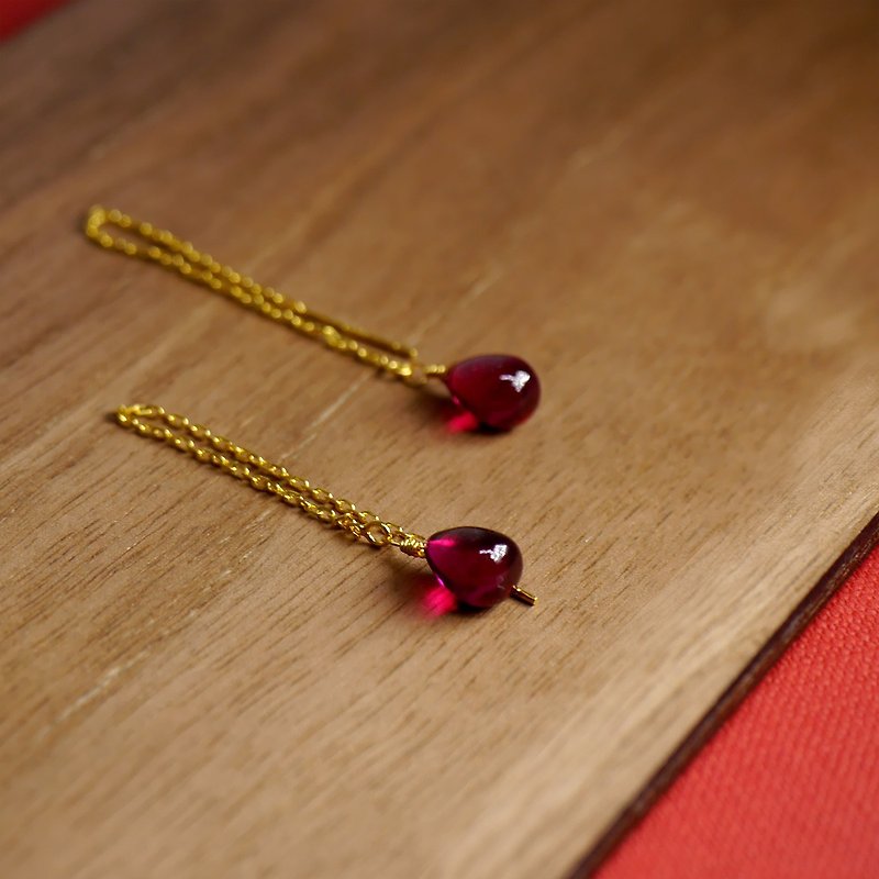 天然红宝石水滴耳环 925纯银镀24K金耳线 - 耳环/耳夹 - 半宝石 红色