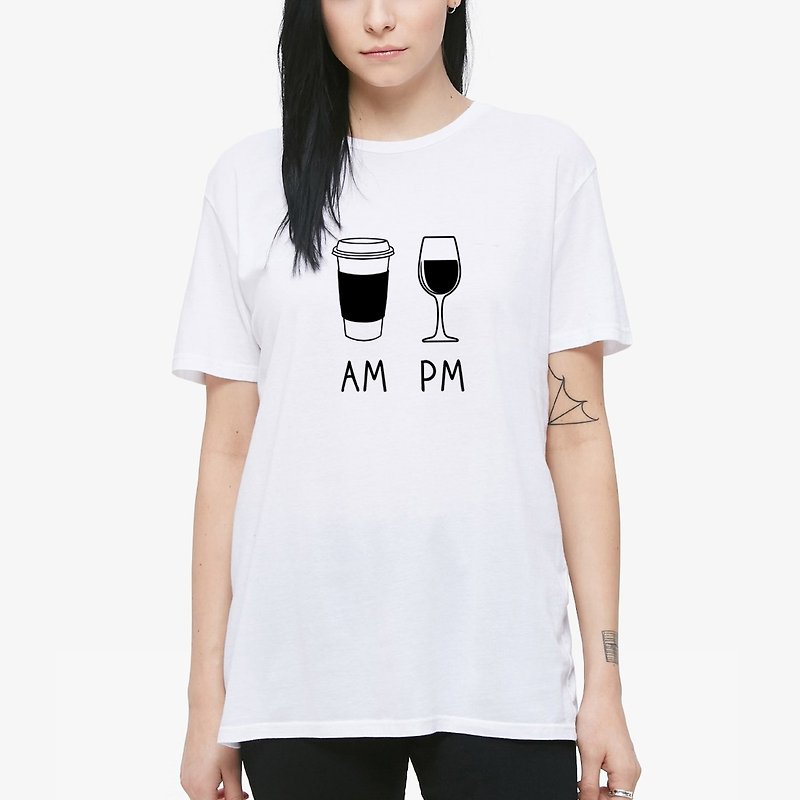 COFFEE AM WINE PM 短袖T恤 白色 咖啡 酒 礼物 设计 插画 - 女装 T 恤 - 棉．麻 白色