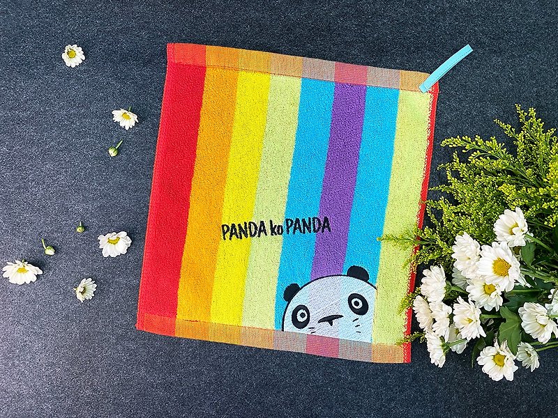 【熊猫家族】 x AT studio 设计款电绣小方巾 | 熊猫躲猫猫款 - 手帕/方巾 - 棉．麻 