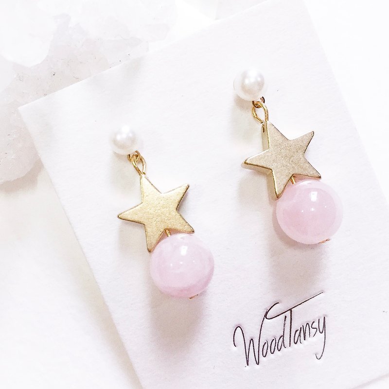 可爱小流星 粉晶 防敏感耳环  - 耳环/耳夹 - 宝石 粉红色