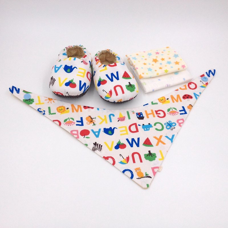 英文字母-弥月宝宝礼盒(学步鞋/宝宝鞋/婴儿鞋+2手帕+领巾) - 满月礼盒 - 棉．麻 白色
