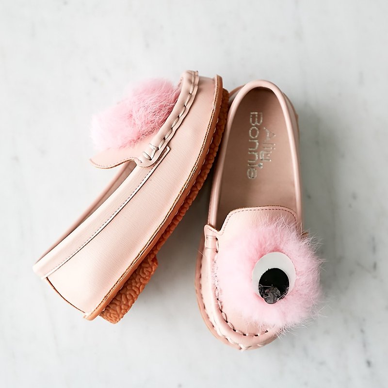 亲子鞋 毛毛眼球女童娃娃鞋乐福鞋-蜜糖粉 - 童装鞋 - 真皮 粉红色