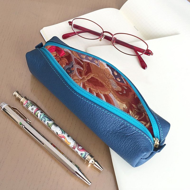 本革と和文様のペンケース【帯】 - 铅笔盒/笔袋 - 真皮 蓝色