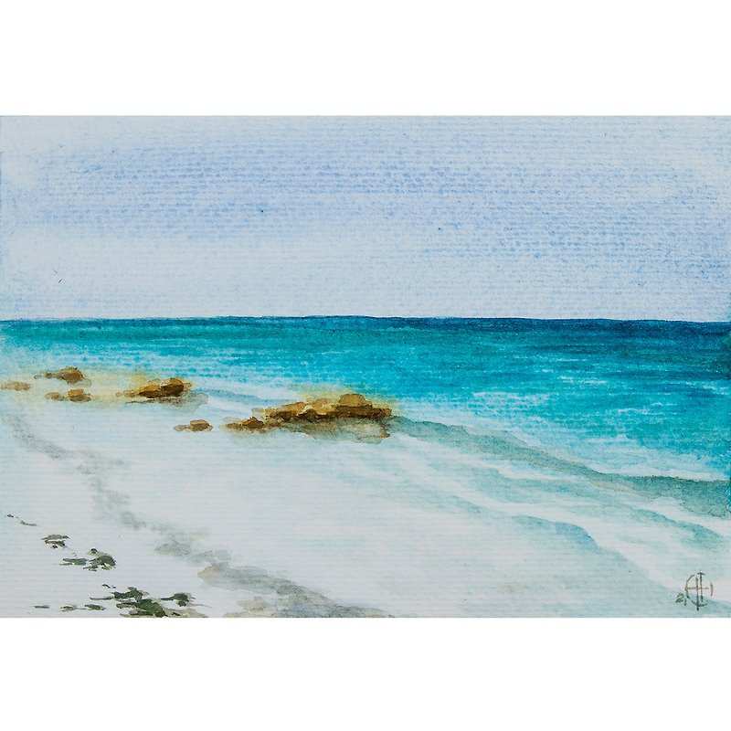 Seascape Painting Beach Original Art Small Watercolor Original Hand-Painted - 海报/装饰画/版画 - 纸 蓝色