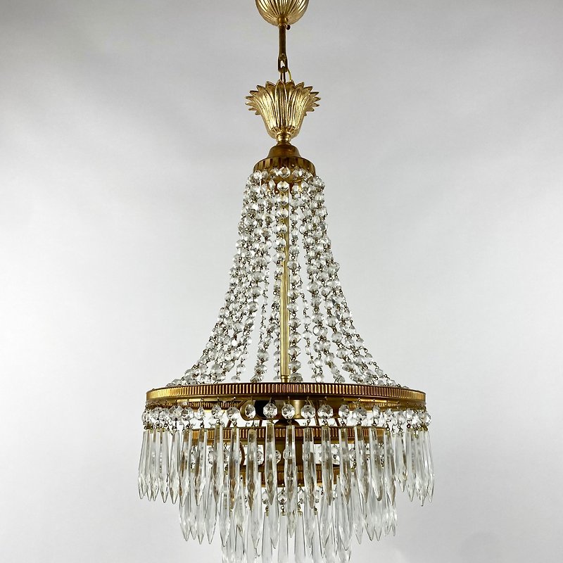 枝形吊灯 复古 水晶 黄铜 吊灯 照明 法国 20 世纪 70 年代 - 灯具/灯饰 - 其他金属 金色