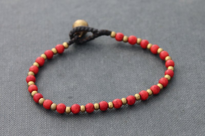 珊瑚石串珠手链黄铜简单石麻编织手链 - 手链/手环 - 石头 红色