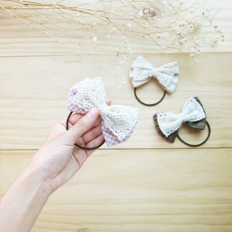 Handmade Bow with Lace Hair Bands Natural Dyed Cotton  / 6 pcs per 1 set - 发饰 - 棉．麻 
