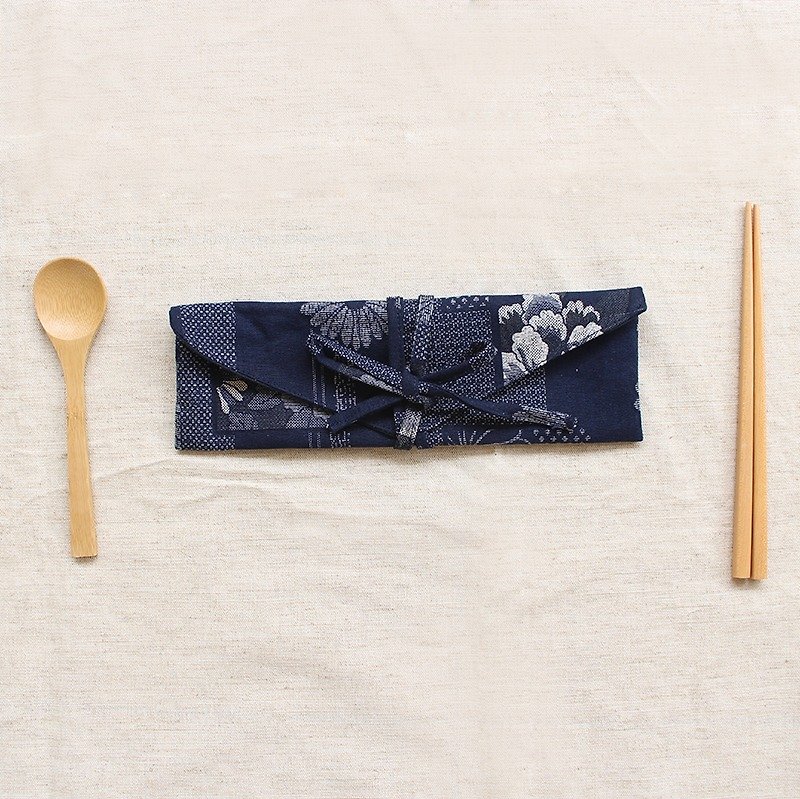 深蓝的静谧复古横式环保筷套/收纳袋 - 筷子/筷架 - 棉．麻 蓝色