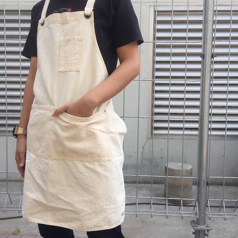 New Off-white Washed Canvas Apron no.06 Silver rivets 2 pockets /garde/barista - 围裙 - 棉．麻 白色