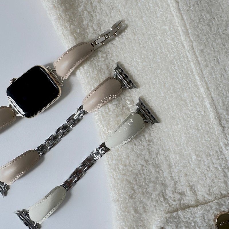 Apple Watch | 奶杏色星光/正银真皮质感不锈钢手镯表带 4色 - 表带 - 不锈钢 