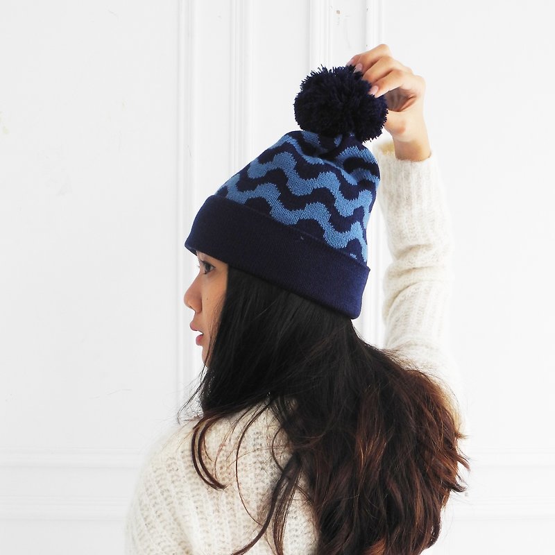 studio chiia 针织毛帽- 波浪织纹 - 海军蓝 - 帽子 - 聚酯纤维 蓝色