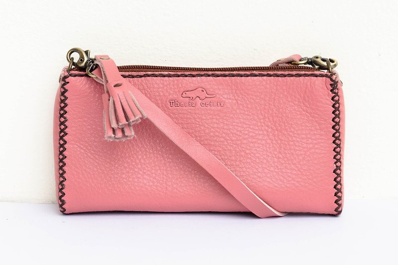 'MOBILE BAG' HANDMADE SMALL LEATHER BAG-PINK - 化妆包/杂物包 - 真皮 粉红色