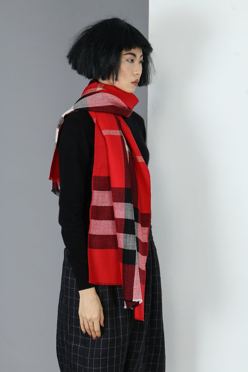 【現貨】純羊毛格紋圍巾披肩 - 丝巾 - 羊毛 红色