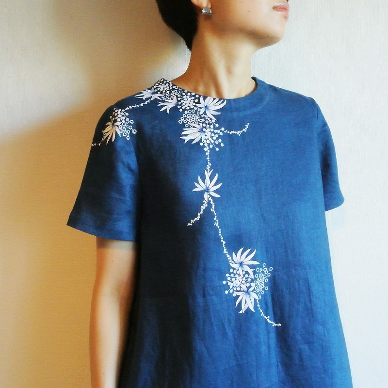 リネン・半袖ワンピース　ブルー・海中植物 - 洋装/连衣裙 - 棉．麻 蓝色