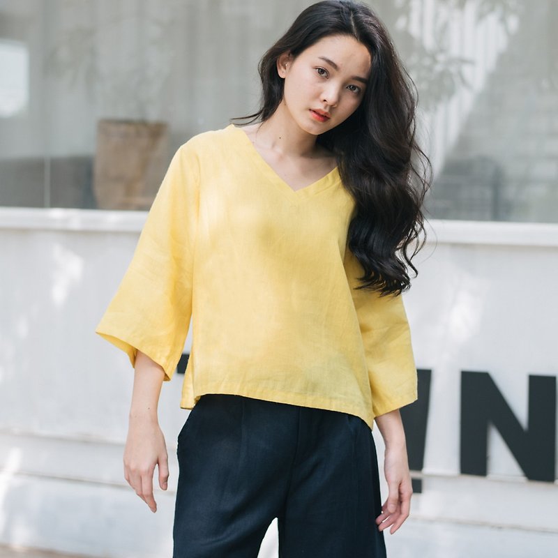 V-Neck Linen Shirt - Yellow Mellow - 女装上衣 - 棉．麻 黄色
