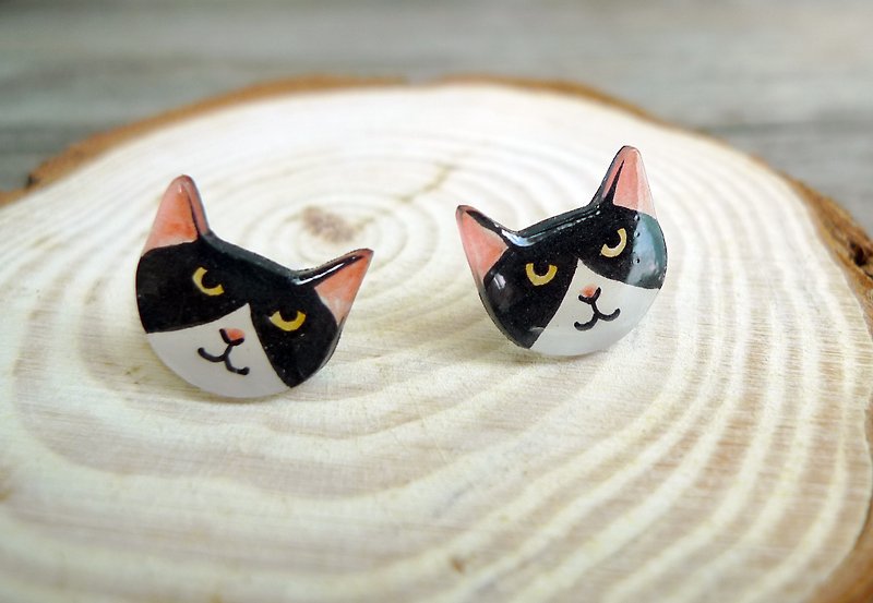 Misssheep-[猫咪头像-黑脸猫] 手绘 猫咪 手作耳环 (耳针 / 可转耳夹) [一对] - 耳环/耳夹 - 塑料 