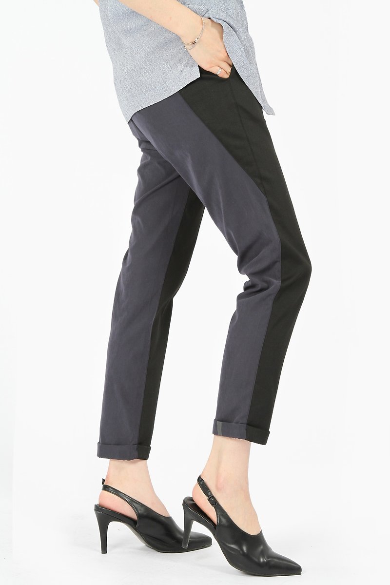 撞色剪接反光西装裤 - 黑 - 女装长裤 - 聚酯纤维 黑色