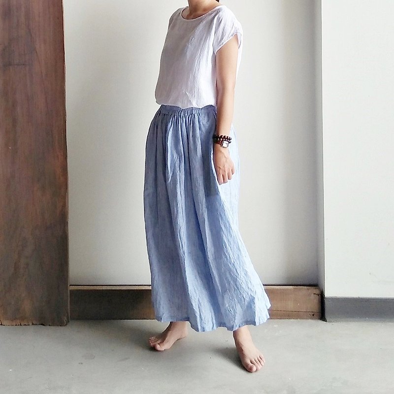 Feliz & Recap [ 细折松紧带长裙 ] 亚麻 蓝白条纹 - 裙子 - 棉．麻 