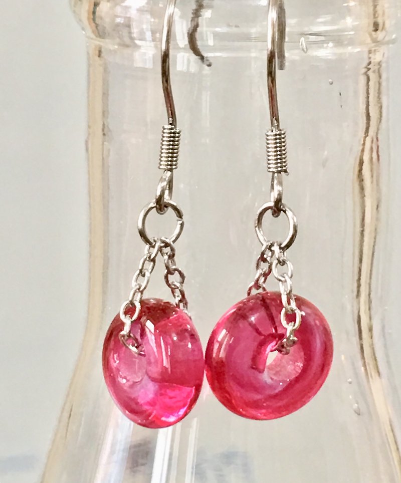 纯色系列-桃红透明琉璃珠耳环 - 耳环/耳夹 - 玻璃 粉红色
