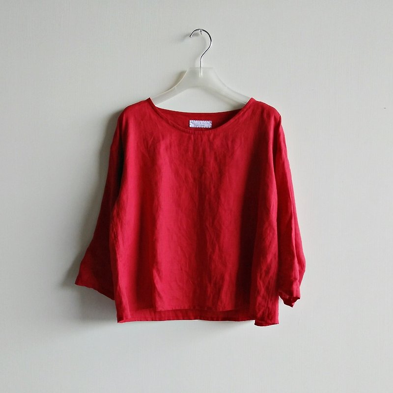 七分袖短版衫  亚麻  红/可选色 - 女装上衣 - 棉．麻 红色