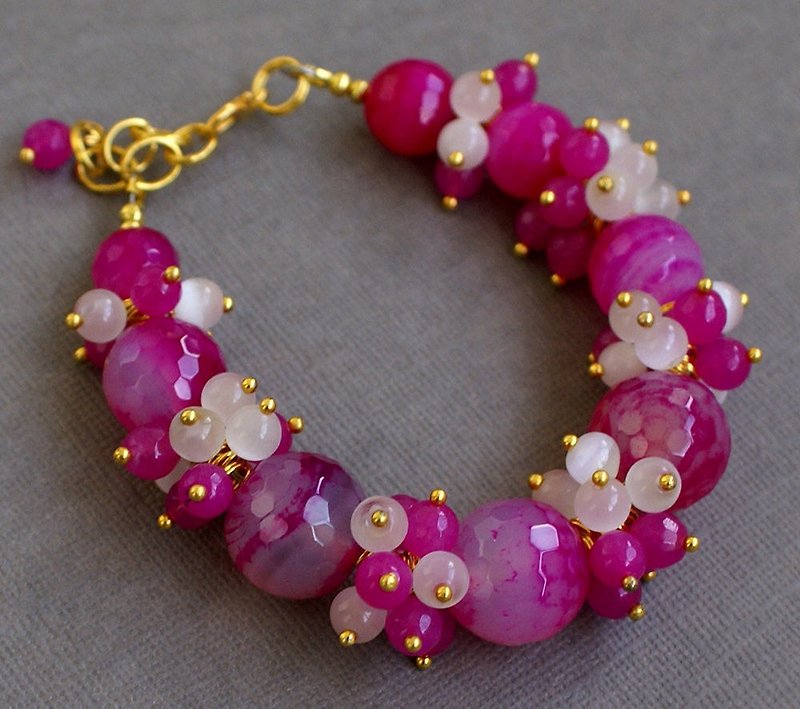 Pink beaded bracelet with agate, pink jadeite bracelet, rose gemstone bracelet - 手链/手环 - 宝石 粉红色