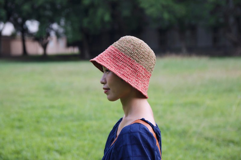 编织双色宽檐渔夫帽-抹绿朱红 - 帽子 - 棉．麻 橘色