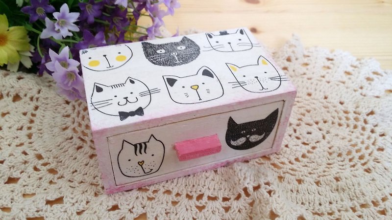粉红手绘小猫收纳盒/小抽屉盒/猫胡须盒 - 收纳用品 - 木头 粉红色