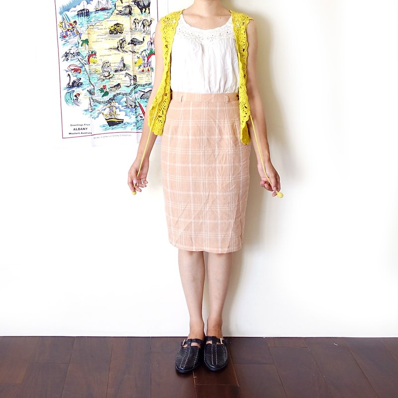 BajuTua/古着/粉肤色 格纹雪纺包臀裙 - 裙子 - 聚酯纤维 粉红色