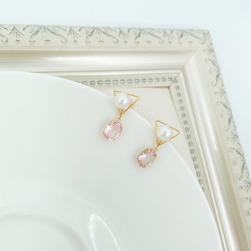 午茶系列 摩根石 日本珍珠 黄18K金耳环 轻珠宝饰品 - 耳环/耳夹 - 宝石 粉红色
