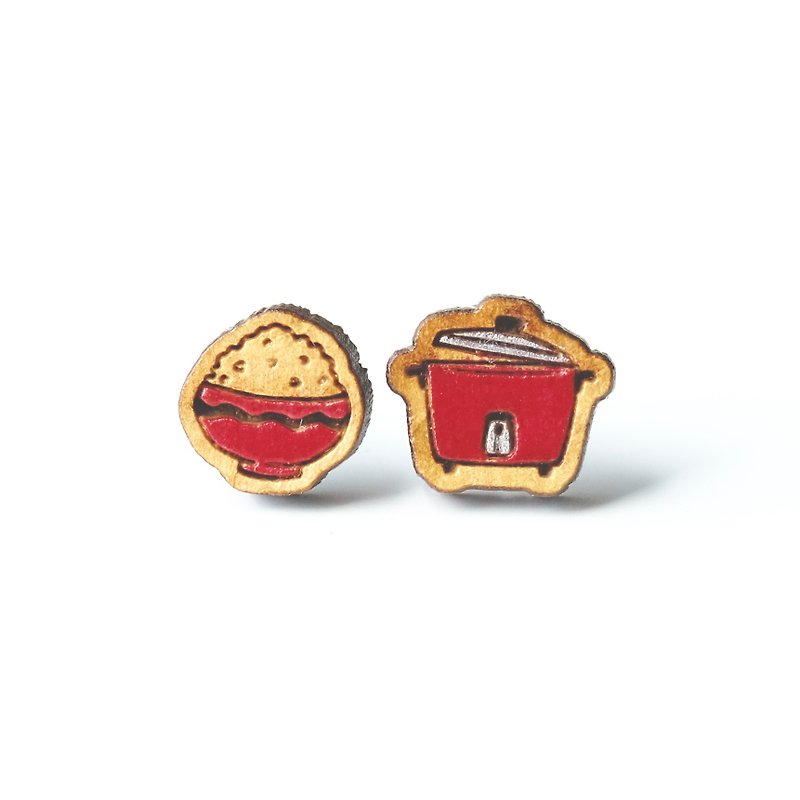 彩绘木耳环-电锅&饭 (红) - 耳环/耳夹 - 木头 红色