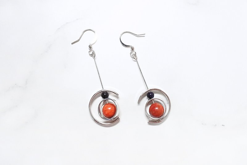 【熔岩之心】天然石垂挂耳环 - 耳环/耳夹 - 其他金属 红色