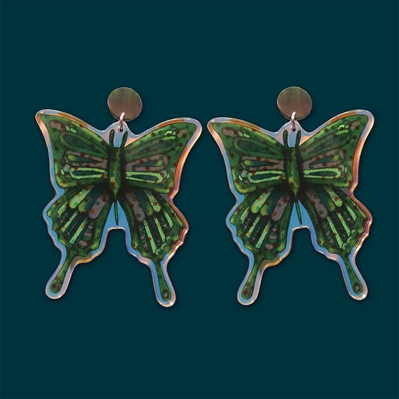 绿色蝴蝶图案亚克力耳环 - 耳环/耳夹 - 塑料 绿色