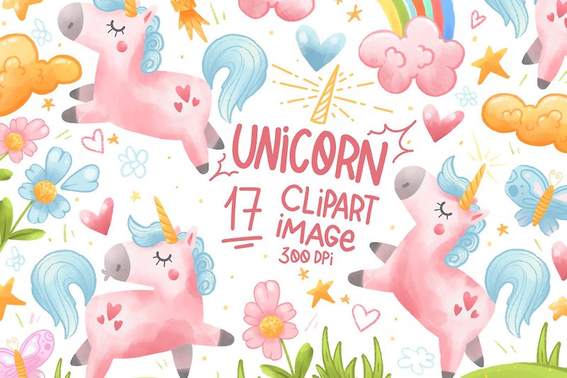 Watercolor Unicorns Clipart. Rainbow Unicorns Download.