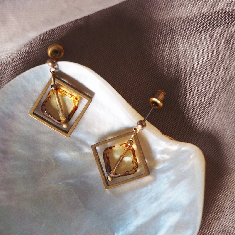 古典方框 小菱形玻璃珠耳环 琥珀黄 - 耳环/耳夹 - 其他金属 橘色