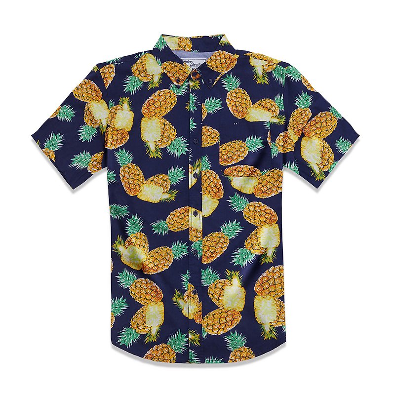 Pineapple Print Shirt 凤梨印花衬衫 - 深蓝色 - 男装衬衫 - 棉．麻 蓝色