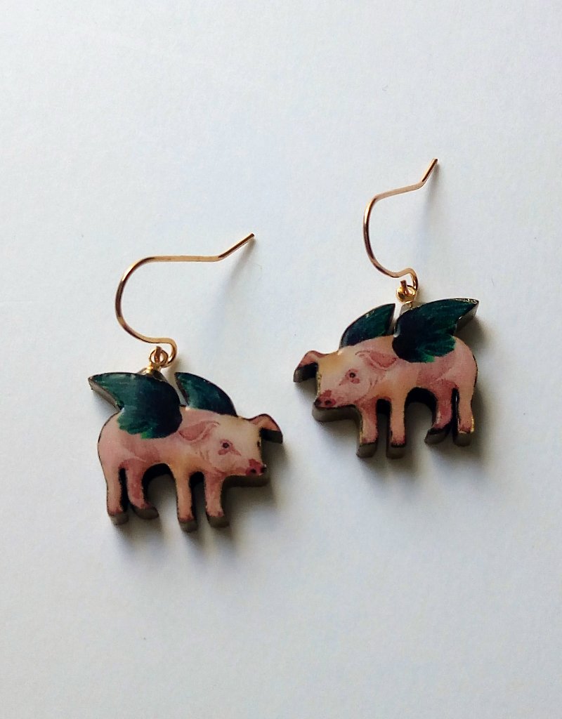 飛ぶ子豚のピアス - 耳环/耳夹 - 木头 粉红色
