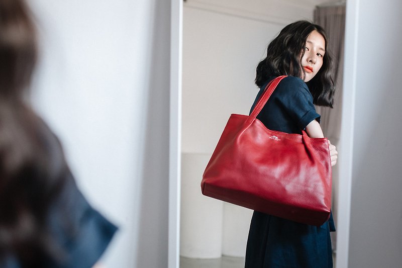 MARRY- WOMEN COW LEATHER TOTE BAG- RED - 手提包/手提袋 - 真皮 红色