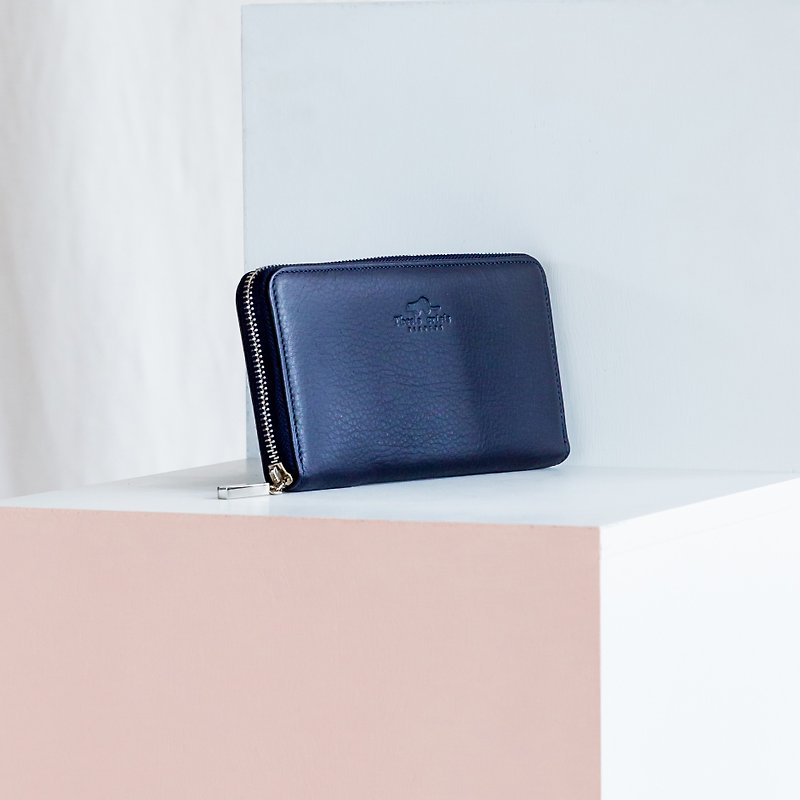 LUCKY - MINIMAL SOFT COW LEATHER WOMAN LONG WALLET-NAVY/BLUE - 皮夹/钱包 - 真皮 蓝色